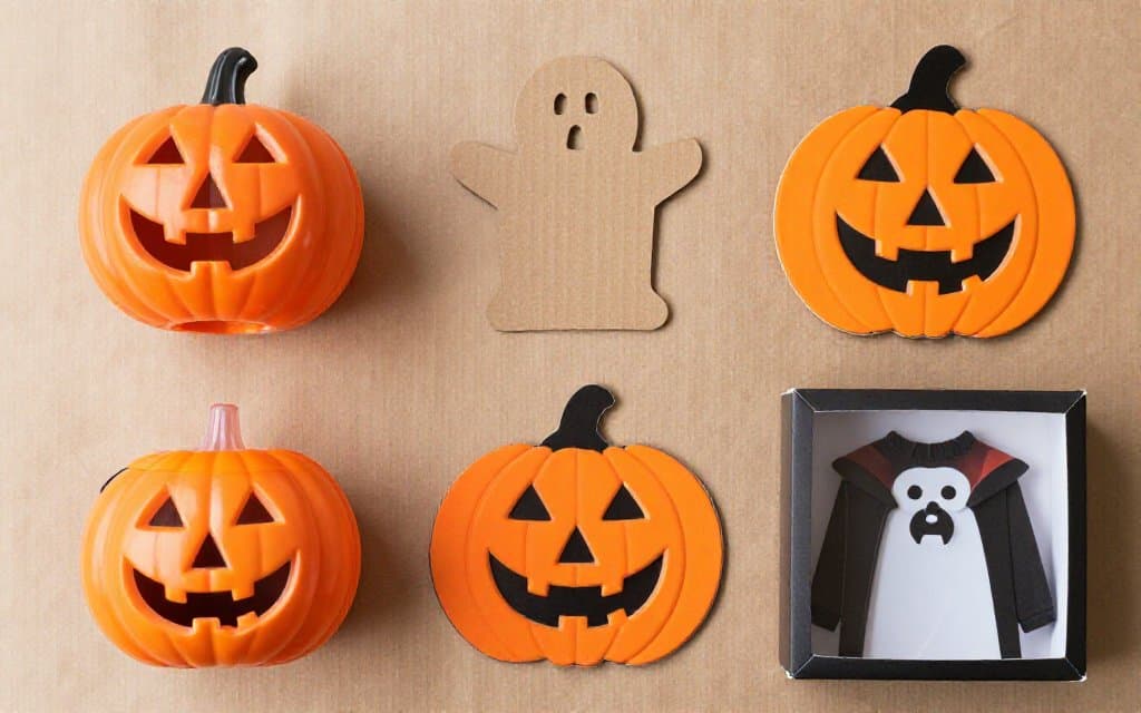 Top-down flat lay of vintage Halloween decorations sorted by type, from blow molds to paper die-cuts