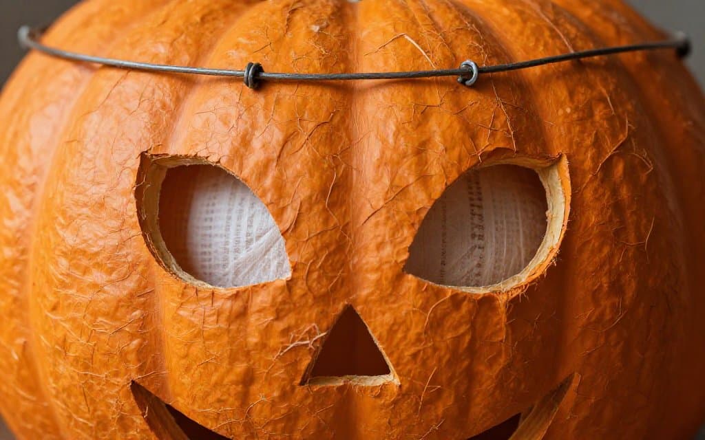 Macro view of a German paper mache pumpkin showing crazed paint, fibrous pulp and tissue eye insert