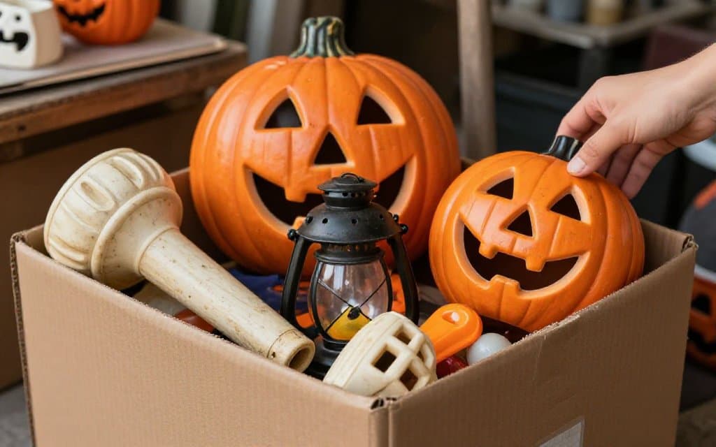 Box of antique Halloween decorations at an estate sale with blow molds and a ceramic jack-o-lantern