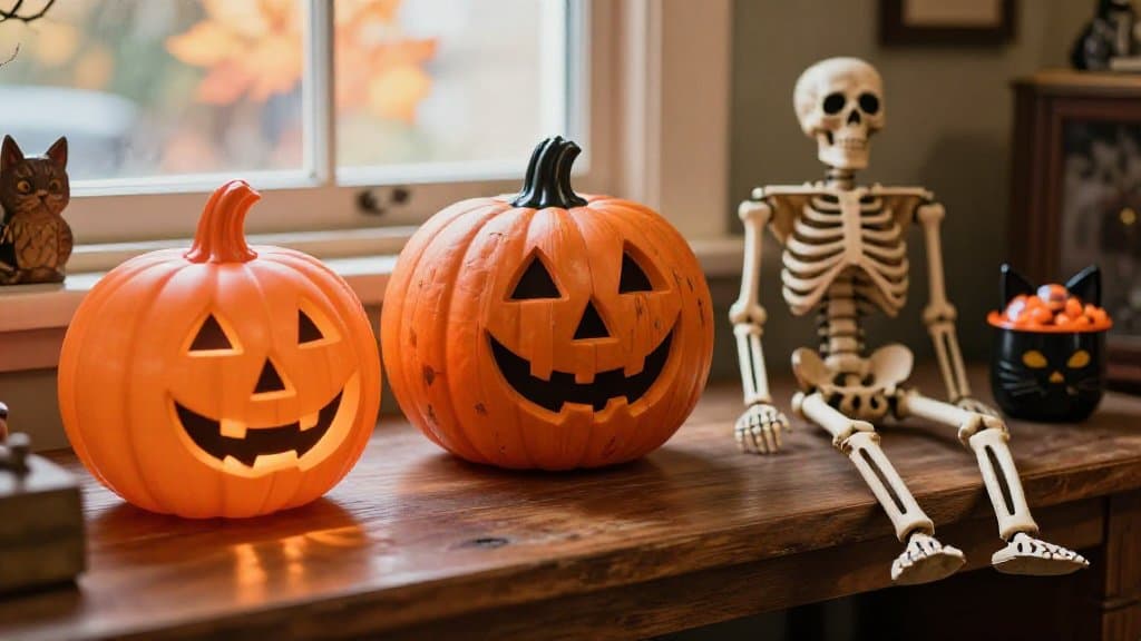 Nostalgic Halloween decorations on a thrift store table, including a blow mold pumpkin, paper mache lantern and skeleton die-cut