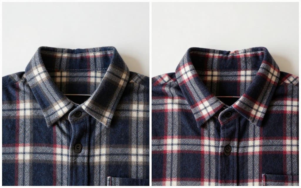 Comparison of a clean Pendleton Woolen Mills shirt collar beside one with small moth holes
