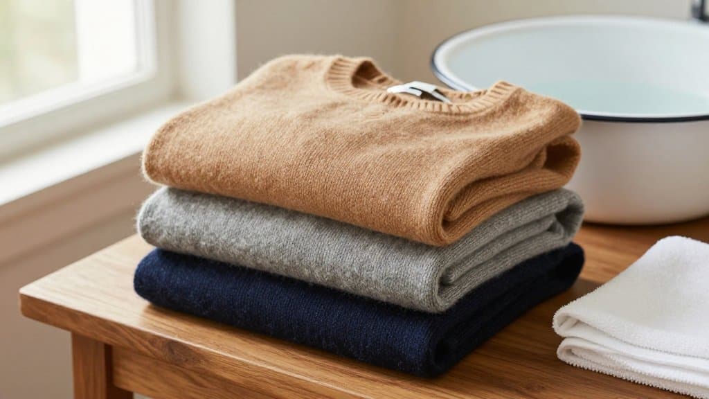 Stack of thrifted cashmere sweaters next to a basin of water, ready to learn how to wash cashmere before reselling