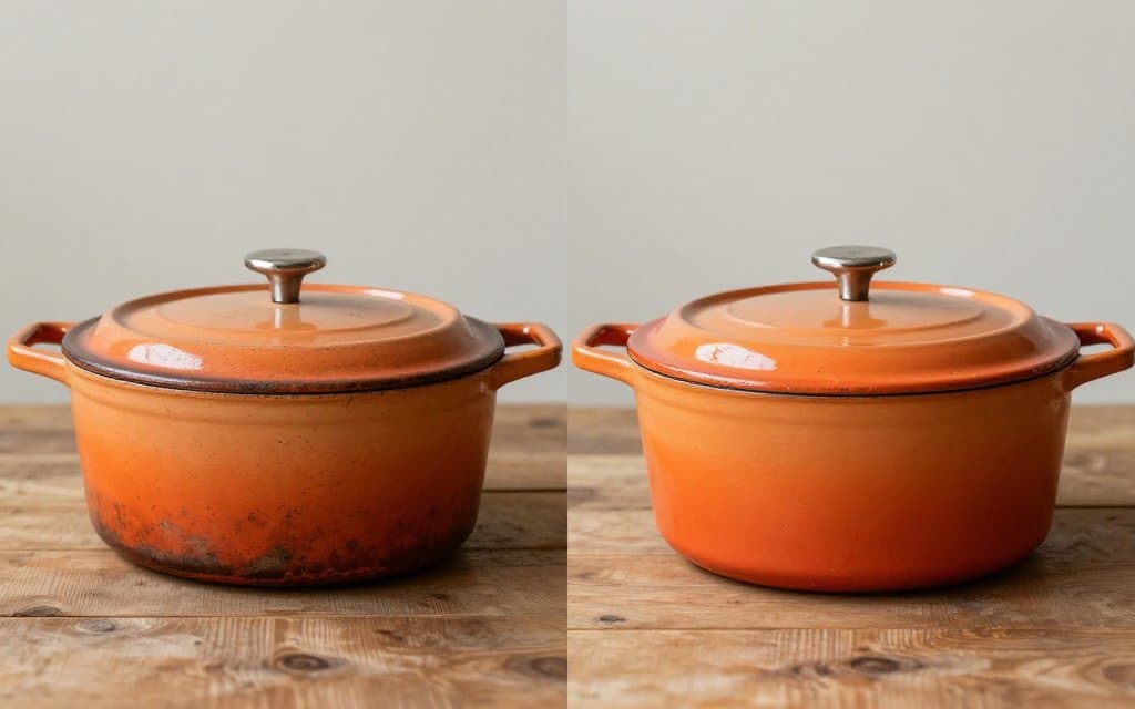 Stained versus cleaned vintage Le Creuset Dutch ovens side by side showing the resale difference