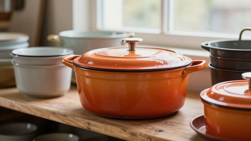 Vintage orange Le Creuset Dutch oven on a thrift store shelf, ready to clean and resell