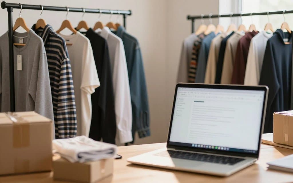 Home reseller workspace with racks and shipping supplies where eBay fees and ad costs add up