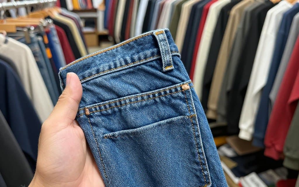 Hand checking vintage jeans in a thrift aisle before working out eBay fees and profit