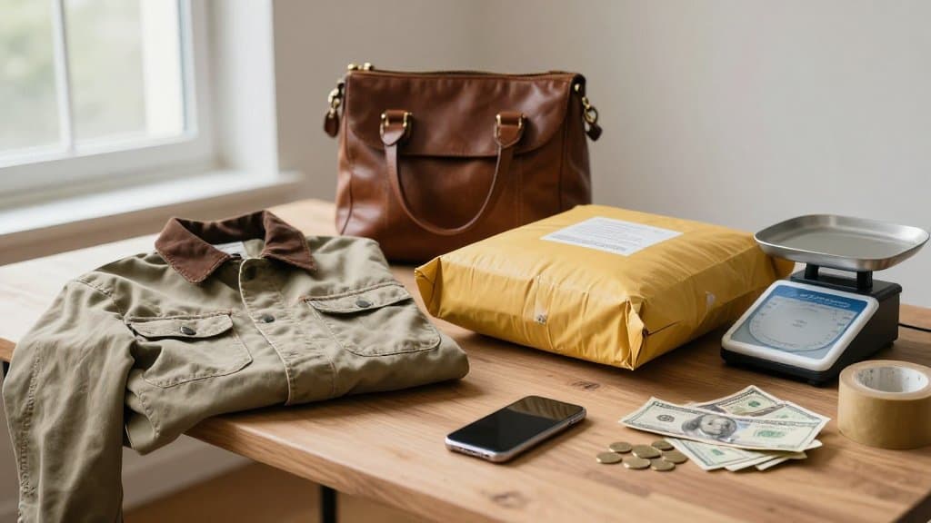 Thrifted jacket, handbag and paperback on a packing table with cash, showing what eBay fees cut from each flip
