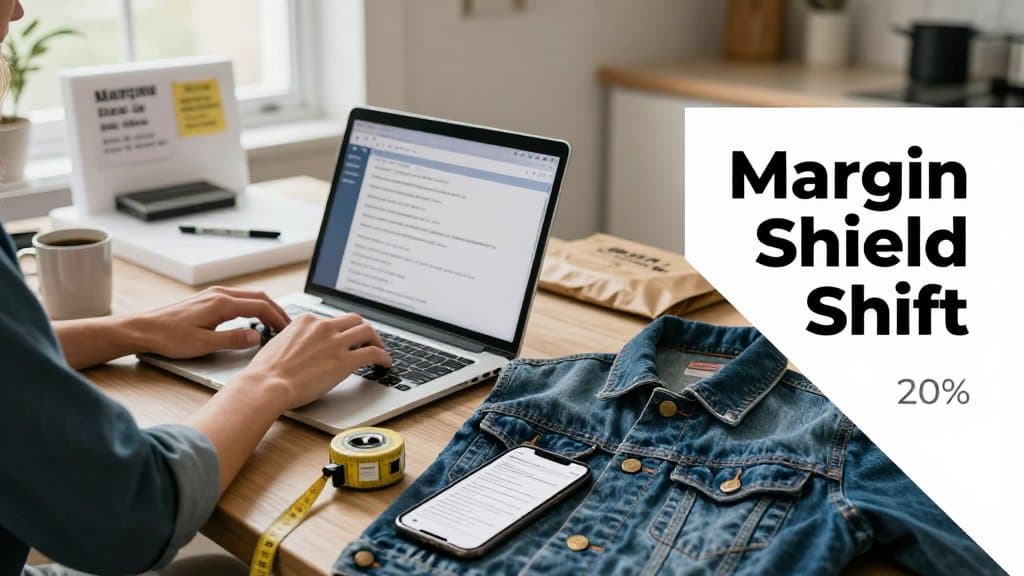 Kitchen table scene with hands cross-listing a vintage denim jacket on a laptop, with shipping tools and photo setup, representing shifting from Depop to eBay to protect margins.