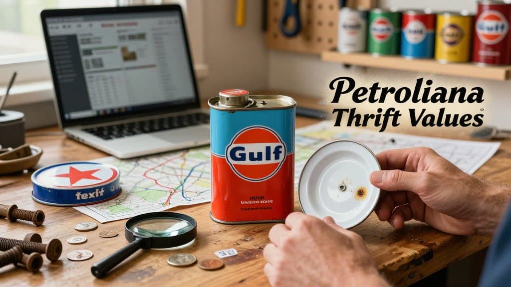 Hands examining vintage gas and oil memorabilia on a workbench with laptop research in the background and title text overlay.