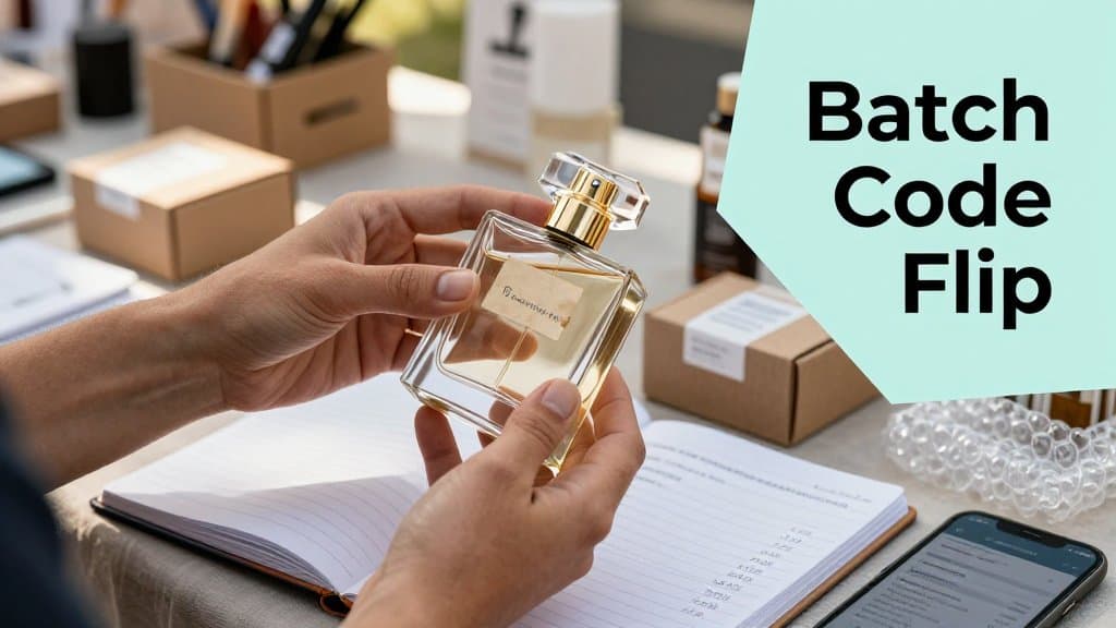 Hands inspect a thrifted perfume bottle’s batch code at an outdoor flea market, with pricing notes and shipping supplies nearby.