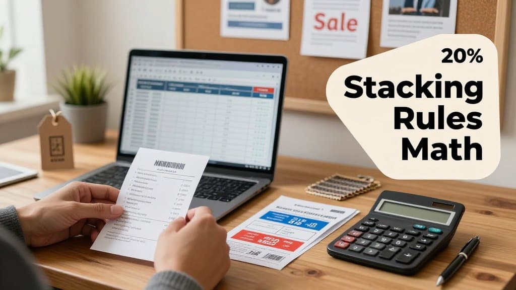 Home office desk scene with hands reviewing coupons and a thrift receipt, laptop showing discount stacking spreadsheet and ROI math, with text overlay.